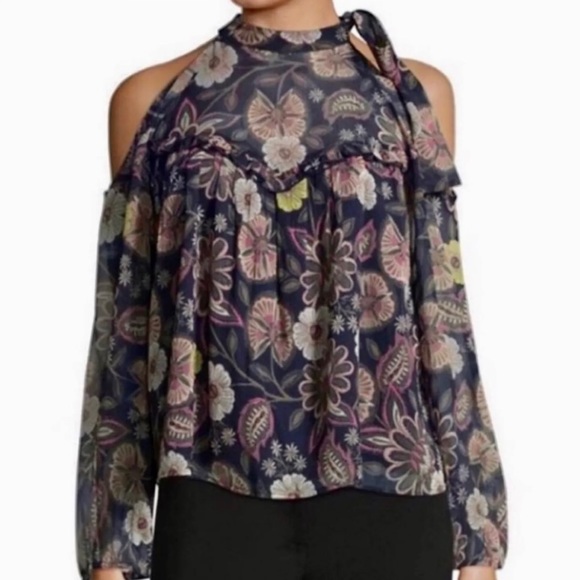 Libby Edelman - Sheer Tie Neck Floral Cold Shoulder Top - Picture 9 of 11